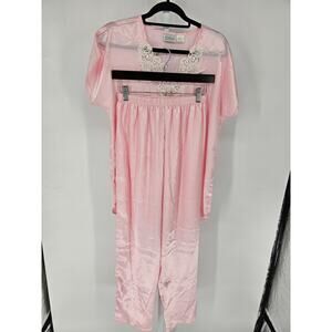 Vintage Kathryn Womens Sz S Satin Pajama Set Light Pink Lace Neckline